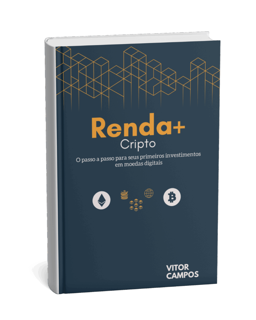 Capa do livro digital Renda+ Cripto por Vitor Campos. O passo a passo para seus primeiros investimentos em moedas digitais, com ícones de Bitcoin e Ethereum.